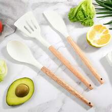 12pcs Silicone & Wooden Handle Non-Stick Kitchen Spatula & Ladle Set, Including Soup Spoon And Skimmer, Cooking Utensils Set - Multicolor - View 4