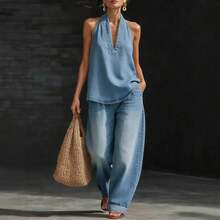 Spring And Summer 2026 New Women's Clothing European And American Style Suit Lapel Retro Buckle Denim Top With Wide-Leg Jeans - 淺色牛仔布 - 查看 2