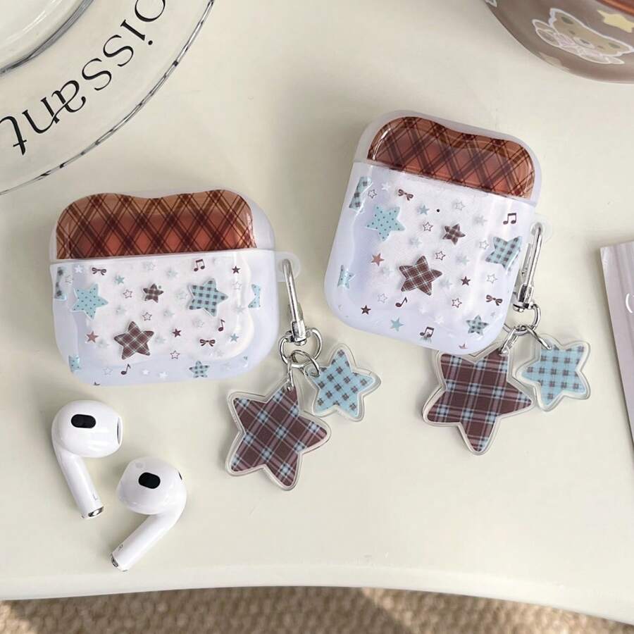 Ốp tai nghe Bluetooth hình ngôi sao kèm mặt dây chuyền hình ngôi sao, tương thích với Pro3/AirPods4, AirPods3, /2, Pro, Pro2, ốp bảo vệ tai nghe dày và mềm. - Nhiều màu - Xem 1