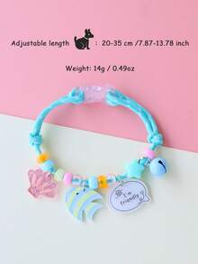 1pc Summer Vacation Colorblock Handmade Woven Pet Collar Necklace, Adjustable Cute & Unique Acrylic Pet Accessory With Bell, Shell, Fish Pendant Charm, Gift - Baby Blue - View 2