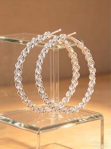 1 par de pendientes de aro elegantes con diseño de cuerda texturizada de plata, estilo de cadena de círculo grande y redondo para decoración de fiesta festiva, joyería de declaración para mujeres - uso diario elegante y regalo perfecto para el Día de San Valentín de las damas - Plata antigua - Ver 2