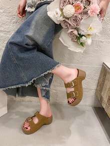 Sandalias de cuña con plataforma para mujer, sandalias abiertas con tiras, pantuflas de playa versátiles y de moda para el verano - Camel - Ver 4