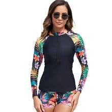 2026 New Sexy Plus Size Women's Sun Protection Surfing Suit Two-Piece Long Sleeve 2XL Swimwear - Black and Red Flowers - View 7