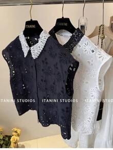Camisa sin mangas con cuello de encaje y bordado de flores, moda femenina, nuevo estilo de verano, cuello tipo  versátil ... - Negro - Ver 3