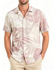 Men's Vintage Banknote Style Polyester Floral Digital Print Short Sleeve Shirt, Lightweight Casual Summer Holiday Wear - Baby Pink - View 3