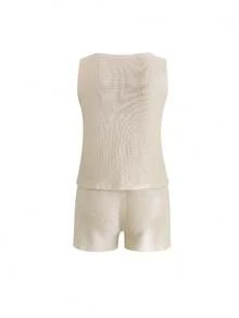 Conjunto de 2 piezas para mujer estilo casual de vacaciones, elegante y sexy, minimalista, unicolor, top sin mangas con cuello en V + shorts de pierna ancha con cintura elástica, primavera/verano - Albaricoque - Ver 8