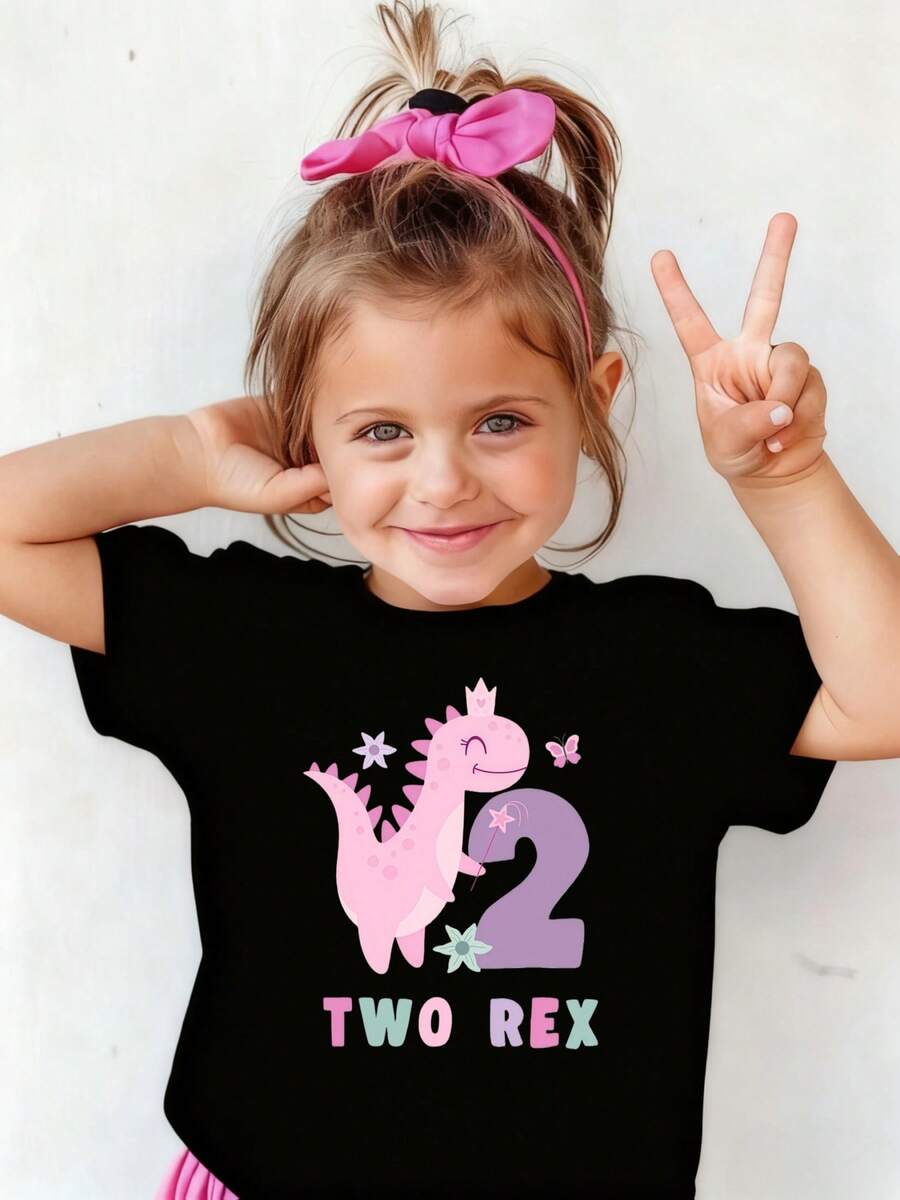 Top de manga corta sencillo, informal y bonito con estampado para niños, ideal para el verano. - Negro - Ver 1
