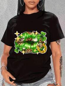 Camiseta verde del día de San Patricio de las mujeres con Shamrock y estampado de arco - Blusa de cuello de tripulación de manga corta, vestuario de primavera verano irlandés esencial, top casual lavable en máquina para desfiles - Negro - Ver 2