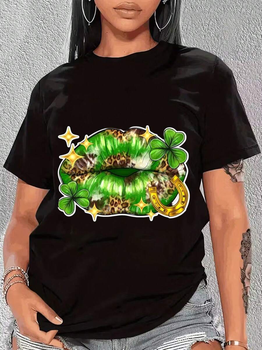 Camiseta verde del día de San Patricio de las mujeres con Shamrock y estampado de arco - Blusa de cuello de tripulación de manga corta, vestuario de primavera verano irlandés esencial, top casual lavable en máquina para desfiles