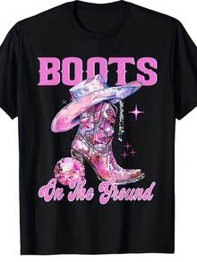 Women's Shimmer Graphic Tee - Black Cowboy Boot Crew Neck Top With 'Boots On The Ground' Design | Machine Washable | Perfect Gift For Country Life & Western Style Enthusiasts | Casual Sequin Print Tee | Breathable Fabric - 黑色 - 查看 1