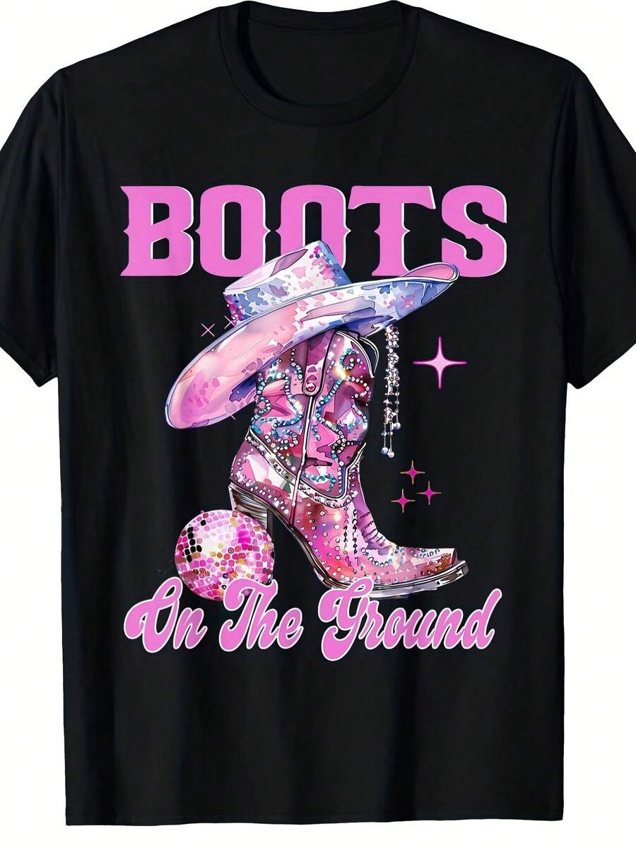 Women's Shimmer Graphic Tee - Black Cowboy Boot Crew Neck Top With 'Boots On The Ground' Design | Machine Washable | Perfect Gift For Country Life & Western Style Enthusiasts | Casual Sequin Print Tee | Breathable Fabric - 黑色 - 查看 1