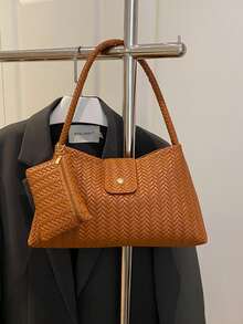 2026 New Fashionable Casual Minimalist Wheat Ear Embossed One Shoulder Handbag - Brown - View 8