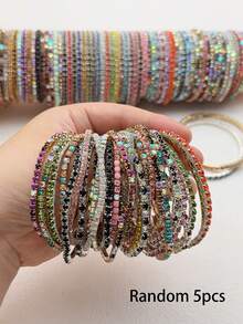 Set de 5 brazaletes elásticos con rhinestones brillantes, pulseras con cuentas de estilo fiesta ajustables, regalos para mujeres - G-Blanco*5 piezas - Ver 14