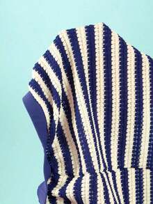 Conjunto de bikini y shorts de baño casuales para vacaciones en la playa de mujeres, 2026, 3 piezas, de tela texturizada con bloques de color y rayas, adecuado para primavera/verano, fiestas en la piscina, citas - Azul y blanco - Ver 6