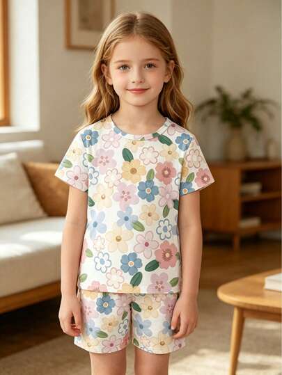 2pcs Girls' Outfit, Vibrant Floral Pattern, Girls' Clothing, Suitable For 4-7 Years Old, Comfortable Casual Sleepwear Set, Spring/Summer