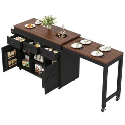 Kitchen Island With Storage, Extendable Dining Table/Bar (131.5-210 Cm), 360° Rotating, With Drawers And Cabinets, Versatile Countertop For Kitchen, Dining Room And Small Spaces, Black.