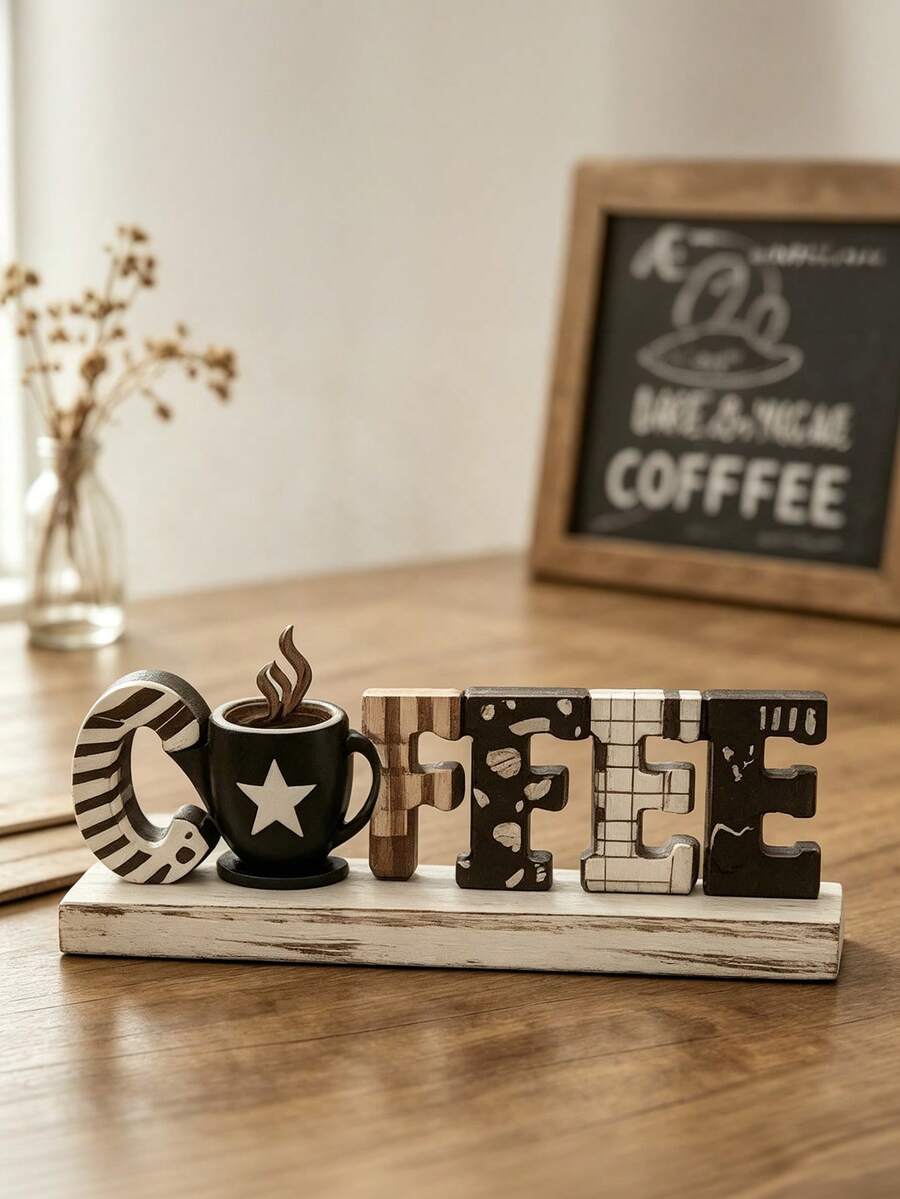 1pc Coffee Bar Decor Sign, Coffee Bar Accessory, Rustic Style Coffee Elf, Rustic Style Coffee Table Centerpiece Decor, Wooden Multi-Tier Coffee Tray Decor, Coffee Station, Home Kitchen Decor - B - View 1