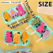 1 Set Cute Cartoon Popsicle Mold, 3-Cavity Silicone Popsicle Mold With Reusable Sticks, Non-Stick Flat Design, Easy Release, Stackable To Save Space (4 Styles Available: Fruit, Dinosaur, Airplane, Car) - Dinosaur - View 4
