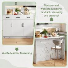 Gran isla de cocina de 120 x 60 x 90,5 cm, 3 cajones y 3 puertas, diseño en mármol blanco, estantes ajustables, cajones silenciosos, diseño con barra. Utensilios de cocina elegantes y prácticos. - Blanco, mármol blanco - Ver 4
