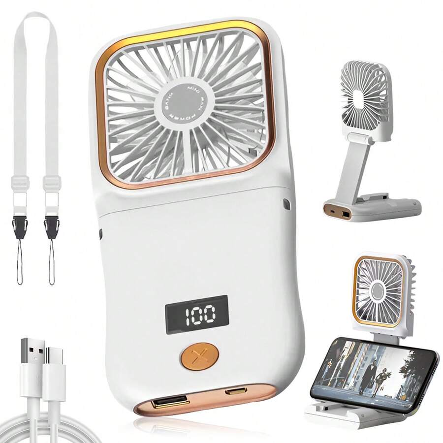 3000mAh Rechargeable Portable Neck Hanging Fan, 3-Speed Adjustable Square Foldable Handheld Fan With Digital Display, Long-Lasting Personal Cooling Fan, Ultra-Quiet USB Mini Fan Suitable For Travel, Outdoor, Office Desk - Multicolor - View 1