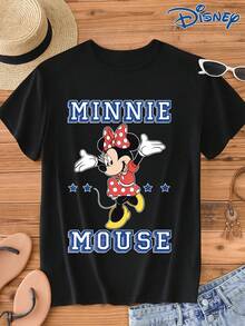 Disney 1pc IP Authorized Minnie Mouse Graphic Print Short Sleeve T-Shirt, Round Neck, Stretchy, Easy Care Material, Suitable For Daily Wear, Fashionable Women's Short Sleeve T-Shirt, Casual Wear - Black - View 1