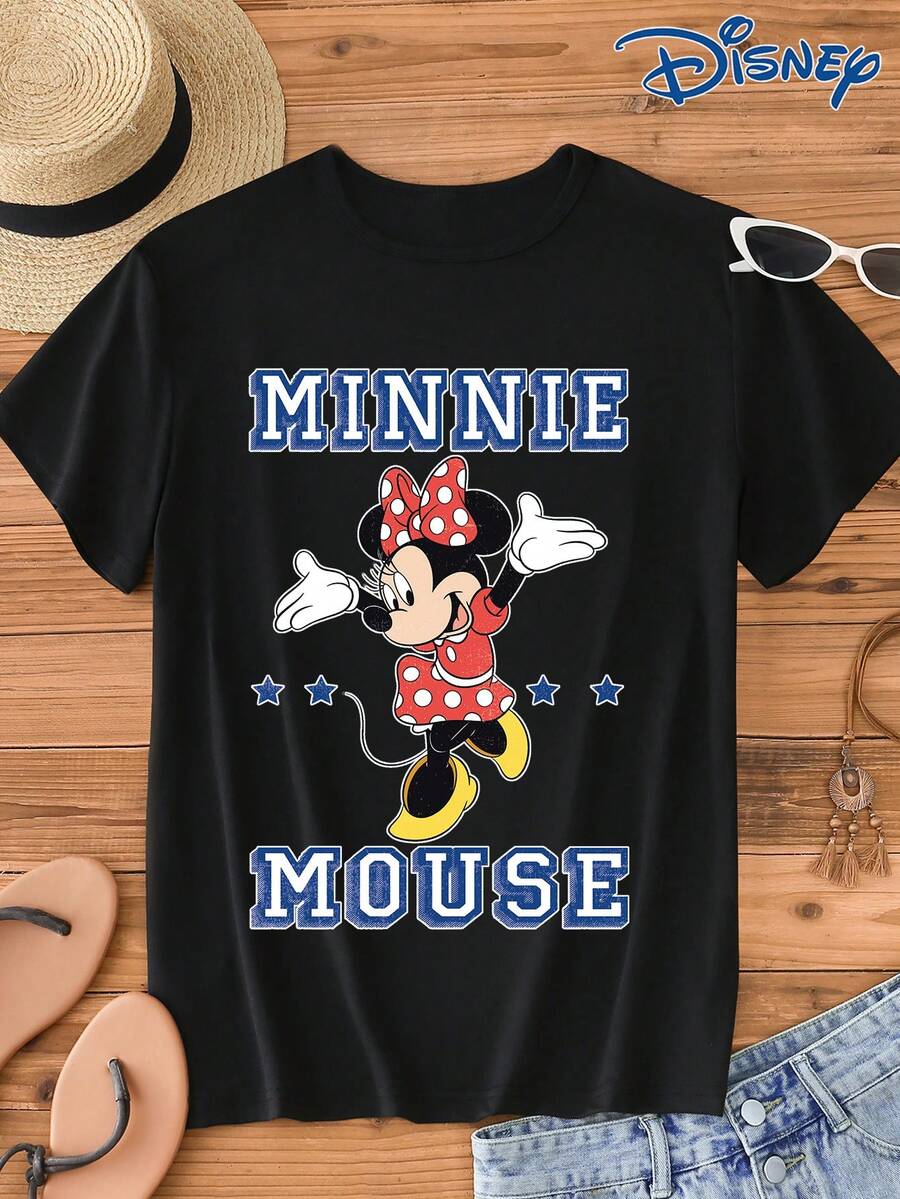 Disney 1pc IP Authorized Minnie Mouse Graphic Print Short Sleeve T-Shirt, Round Neck, Stretchy, Easy Care Material, Suitable For Daily Wear, Fashionable Women's Short Sleeve T-Shirt, Casual Wear - Black - View 1