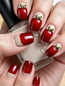 24pcs Medium Square Fake Nails, Red Apple Ombre High-End Whitening False Nails, Full Coverage Removable Nails, Suitable For Parties, Galas And Daily Wear - Multicolor - View 1