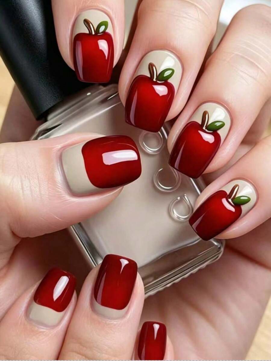 24pcs Medium Square Fake Nails, Red Apple Ombre High-End Whitening False Nails, Full Coverage Removable Nails, Suitable For Parties, Galas And Daily Wear - Multicolor - View 1