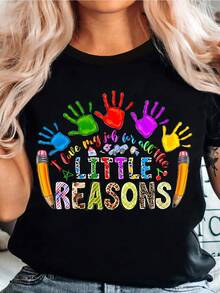 Plus Size, Women's Teacher T-Shirt - "I Have Two Little Reasons" Slogan With Handprint And Leopard Print, Suitable For Educators, Soft Stretch Crew Neck Casual Summer T-Shirt - Great For Gifts, Non-See-Through Material - 黑色 - 查看 1