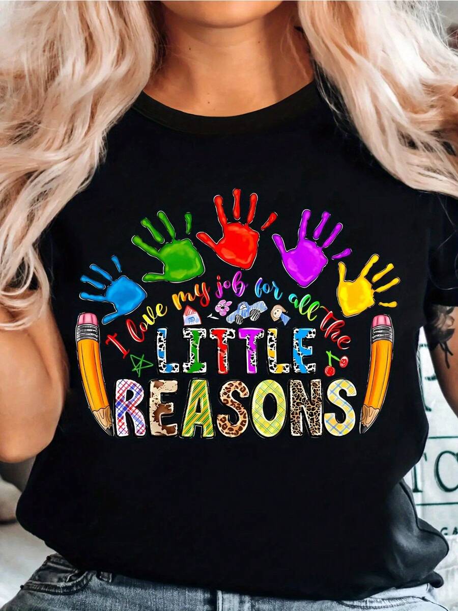 Plus Size, Women's Teacher T-Shirt - "I Have Two Little Reasons" Slogan With Handprint And Leopard Print, Suitable For Educators, Soft Stretch Crew Neck Casual Summer T-Shirt - Great For Gifts, Non-See-Through Material - 黑色 - 查看 1
