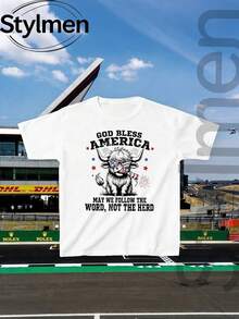 Camiseta de Hombre "God Bless America Bull Word Not Herd" para Verano, 100% Algodón Lavado, Estampada, Cuello Redondo, Manga Corta, Moda Casual y Ropa de Descanso - Blanco - Ver 2
