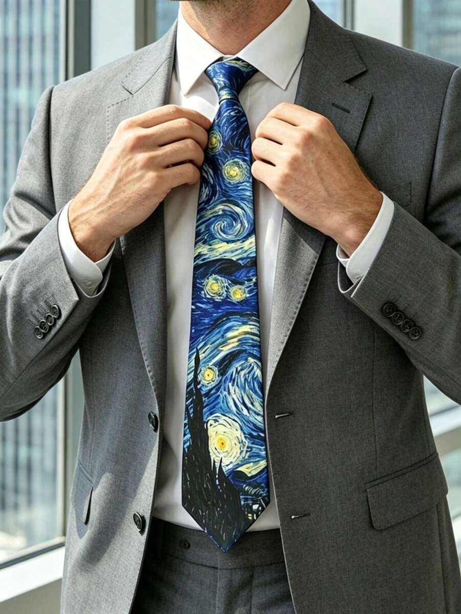 1件油画印花领带 男士正装领带 日常及特殊场合适用 - 彩色 - 查看 1