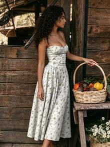 2026 Spring New Women's Clothing: Cross-Border European And American Dress, Elegant French Retro Waist-Cinching Strap Dress - 綠色碎花 - 查看 3
