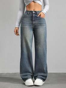 Pantalones vaqueros anchos sueltos y versátiles de mujer con diseño de bolsillos - Azul lavado oscuro 4 - Ver 6