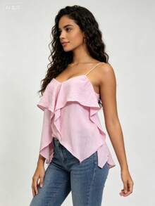 Thin Strappy Top With Pleats And Irregular Hem - 粉色 - 查看 2