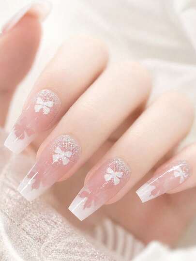 24 piezas de uñas postizas con diseño de mariposa degradada, puntas de uñas de ballet medianas, acabado brillante, arte de uñas multicolor con brillo, con accesorios, adecuado para todas las ocasiones