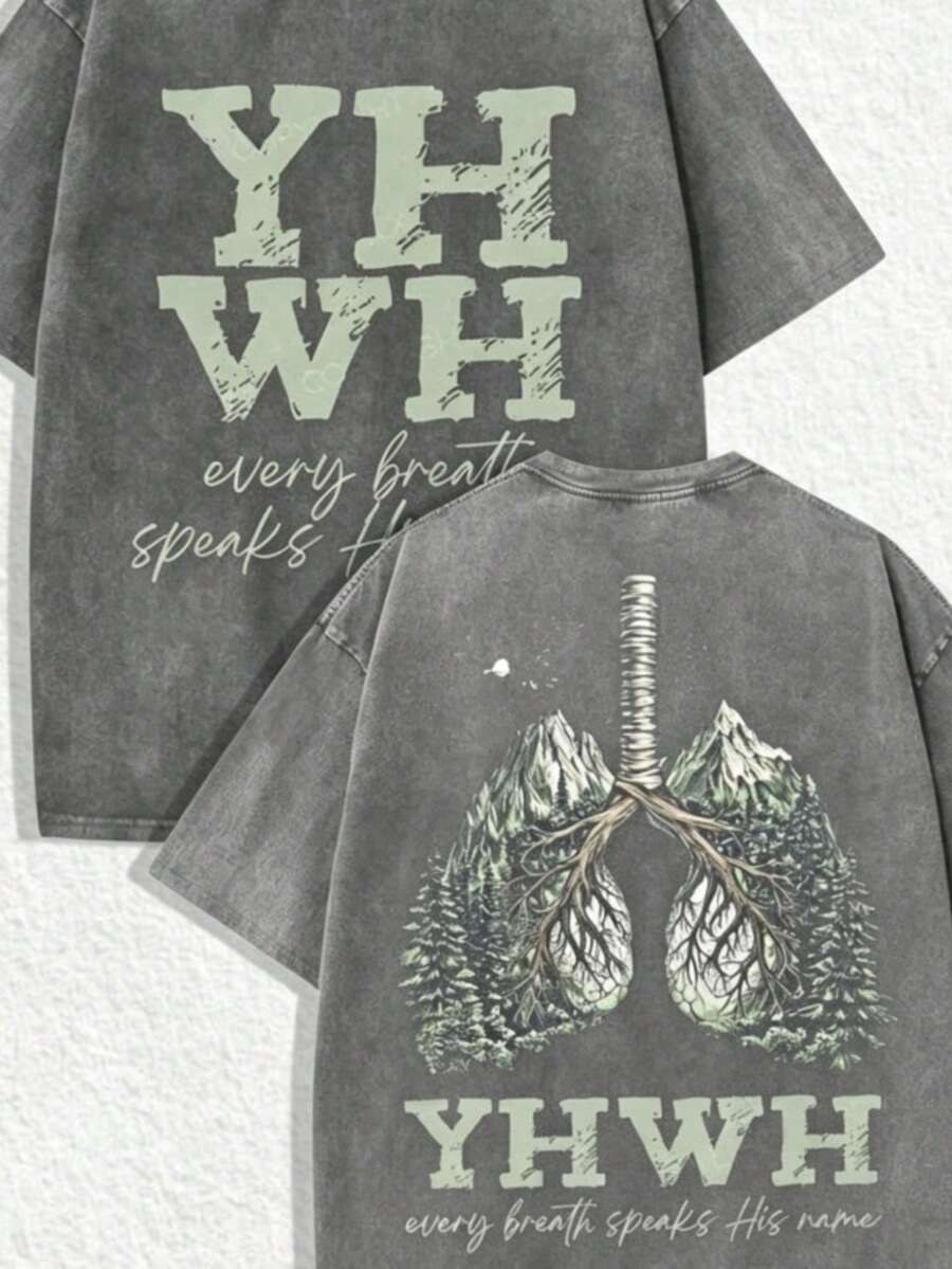 2026 Summer Tops1 PCS [Green T-Shirt] Retro Religious "YHWH - Every Breath Speaks His Name" Graphic Tee: Featuring Distressed Vintage Finish, Front Bold "YHWH" Letter Print With Inspirational Text, Back Artistic Graphic Of Lungs Integrated With Mountains, Forests, Roots, And Eagle Accent, Perfect For Infusing Spiritual, Nostalgic Vibes Into Fits During Easter Celebrations, Church Events, Or Nature - Themed Gatherings, Christmas & Halloween & Thanksgiving Day & Valentine's Day & Pride & Father's Day & Easter & Mother's Day & New Year & Spring Festival, Men's Round Neck Printed Short Sleeve Casual Everyday T-Shirt, They Are Excellent Gifts For Friends And Family, 100% Cotton T-Shirts Feature, A Yhful And Fashionable Design, Graphic Tees Men, Graphic Tees Women, Cachorro Feliz, Back To SchoolLoose And Comfortableshirt - 灰色 - 查看 1