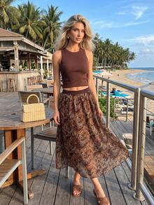 Falda de estilo de vacaciones en la playa con estampado retro francés y malla - Café integral - Ver 5