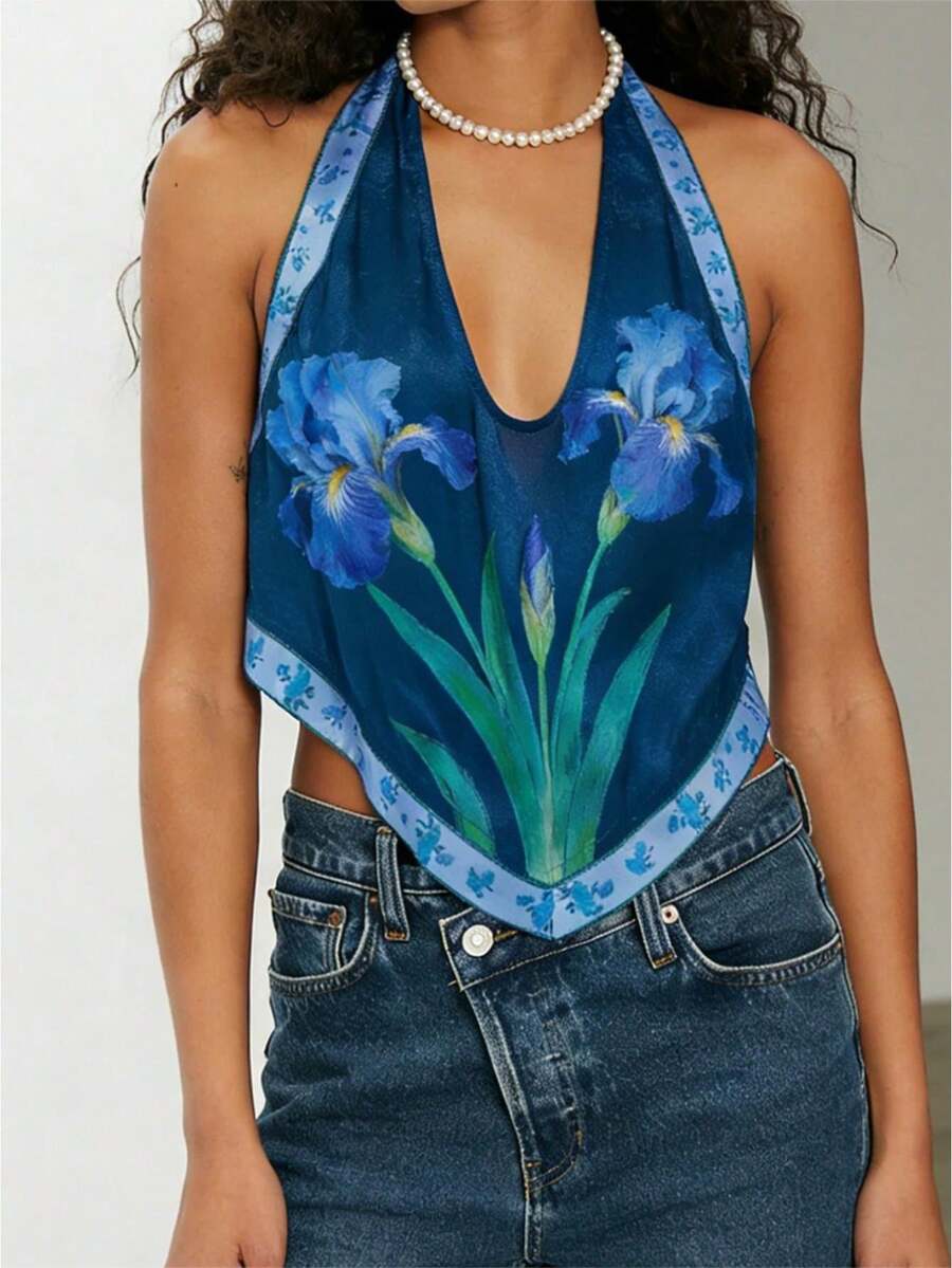 Tops de verano para mujer, estilo casual, con estampado floral, espalda descubierta, cuello en V, sin mangas - Azul - Ver 1