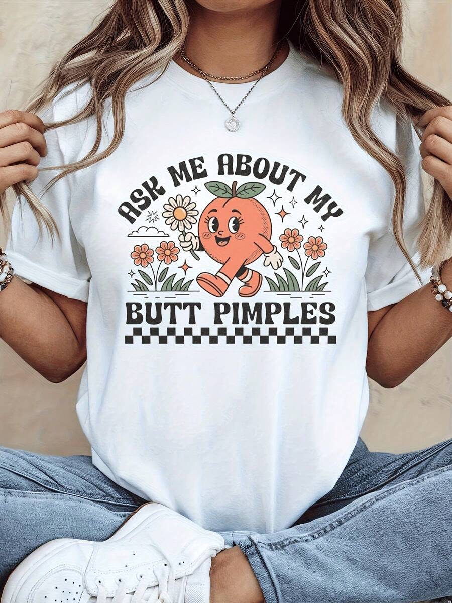 Plus Size - Humorous T-Shirt Featuring A Butt Pimple Meme, Designed With An Orange Fruit Graphic. This Relaxed-Fit, Unisex Casual Shirt Is Perfect For Adults And Makes A Great Gag Gift For Friends. Ideal For Seasonal Fashion. - 白色 - 查看 1