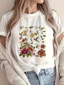 Camiseta grande de impresión floral y colibrí de las mujeres - suave y cómodo suéter blusa-compatible adecuado para el traje informal, lavable a la máquina colorido top para Pascua, Halloween, trajes de Acción de Gracias, trajes informales y camisas de ocasiones especiales - Blanco - Ver 2