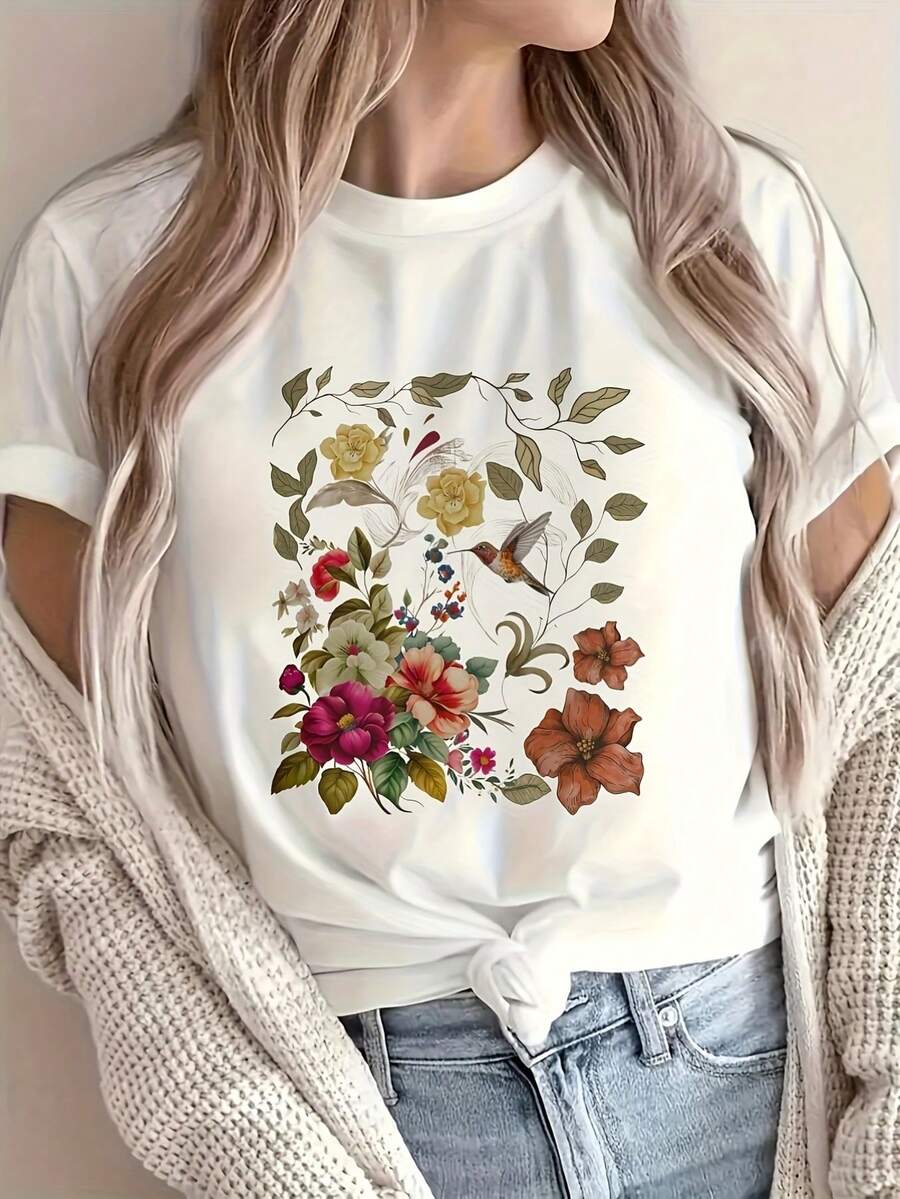 Camiseta grande de impresión floral y colibrí de las mujeres - suave y cómodo suéter blusa-compatible adecuado para el traje informal, lavable a la máquina colorido top para Pascua, Halloween, trajes de Acción de Gracias, trajes informales y camisas de ocasiones especiales