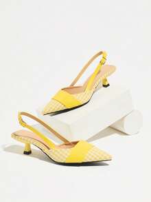 Women's Pointed Toe Slingback High Heel Shoes, Plaid Pattern Fabric, Comfortable Casual Wear For Commuting, Party, Holiday, Date Night, Formal Occasions, Suitable For Spring/Summer 2026 Paired With Dresses, Yellow Color - Yellow - View 5