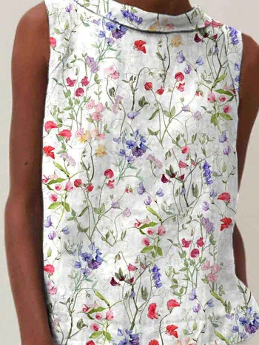 Floral Print Top: Elegant Mock Neck Sleeveless Blouse With Delicate Botanical Vines For Casual Spring Summer Wear For Women. - 混合色 - 查看 1