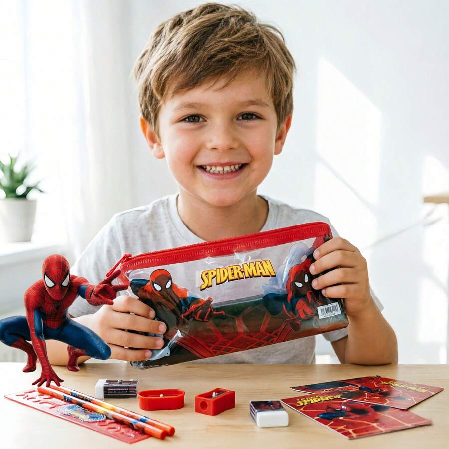 Bộ văn phòng phẩm chủ đề Người Nhện siêu anh hùng MARVEL dành cho trẻ em, bao gồm hộp bút trong suốt, thước kẻ, tẩy, gọt bút chì, sổ tay và bút chì, món quà lý tưởng cho học sinh. - Nhiều màu - Xem 1
