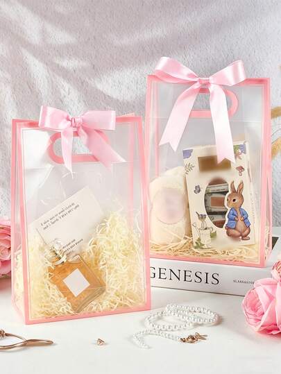 10pcs/5pcs High Quality Transparent Gift Bags - Reusable PP Material Gift Bags, Minimalist Style Packaging Bags, DIY Gift Bags, With Bow Decoration, Suitable For Cosmetic Packaging. Applicable For Wedding Gifts, Gift Packaging Bags, Party Favors, Christmas, Birthday Party. (Pink)