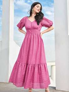 Vestido midi rosa de verano para mujer, cuello en V, mangas farol y bordado calado, estilo romántico y fresco - Rosa Fucsia - Ver 1