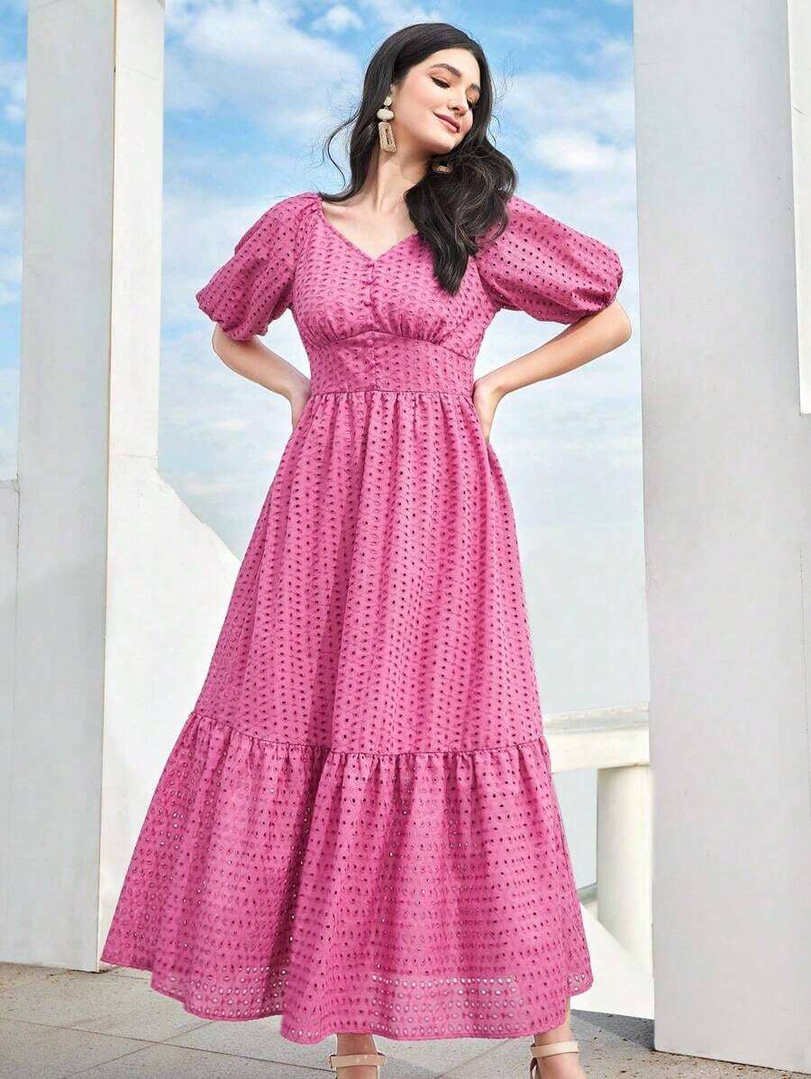 Vestido midi rosa de verano para mujer, cuello en V, mangas farol y bordado calado, estilo romántico y fresco - Rosa Fucsia - Ver 1