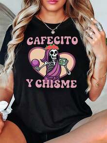 Mexican Cafecito & Chisme Women's T-Shirt | Skull And Slogan Decoration, Casual Short Sleeve, Retro Pink-Purple Culture Vibe, Ideal For Everyday Gatherings - 黑色 - 查看 1