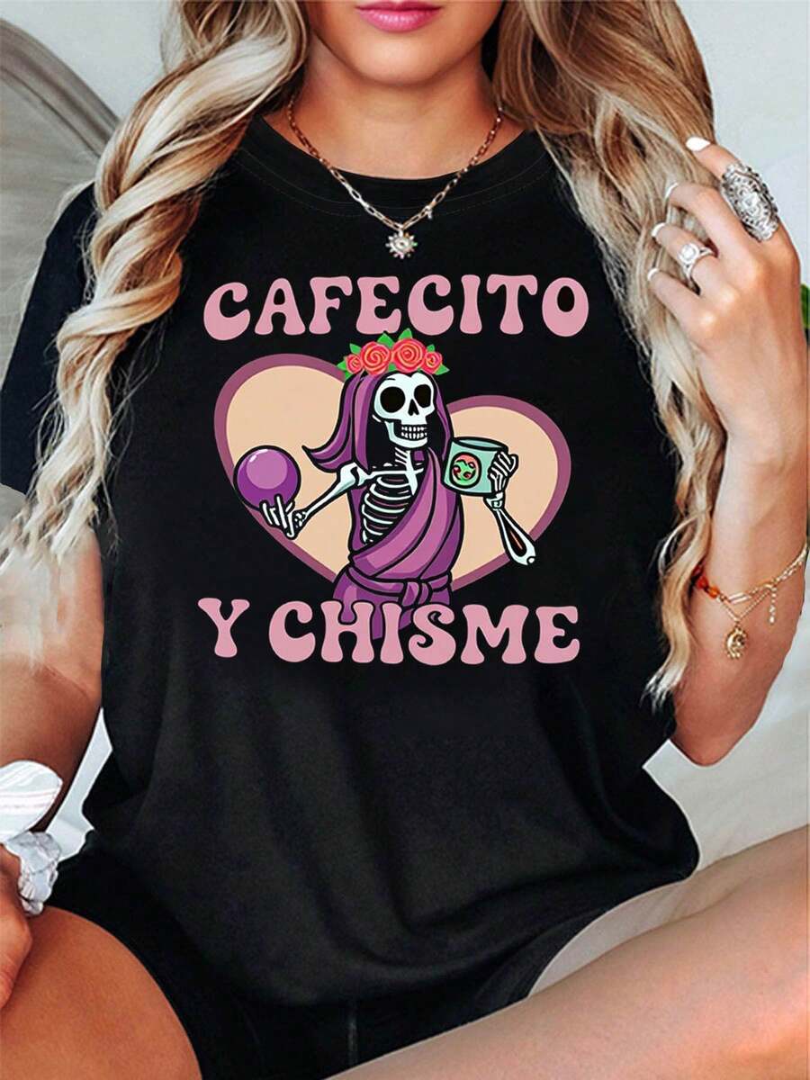 Mexican Cafecito & Chisme Women's T-Shirt | Skull And Slogan Decoration, Casual Short Sleeve, Retro Pink-Purple Culture Vibe, Ideal For Everyday Gatherings - 黑色 - 查看 1
